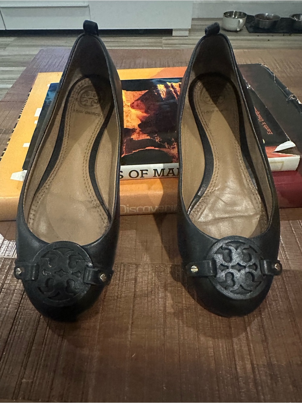 Tory Burch Black Logo Leather Ballet Flats
